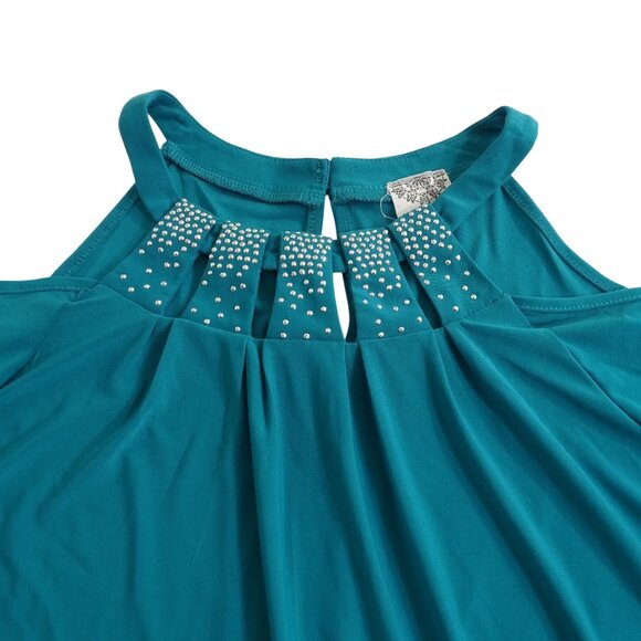 Late August Green Cold-Shoulder Top Women Size L Studded Neckline Short Sleeve - Picture 2 of 9